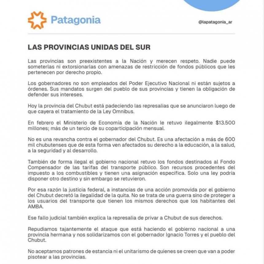 Insfrán se sumó al reclamo de los gobernadores patagónicos contra Javier Milei
