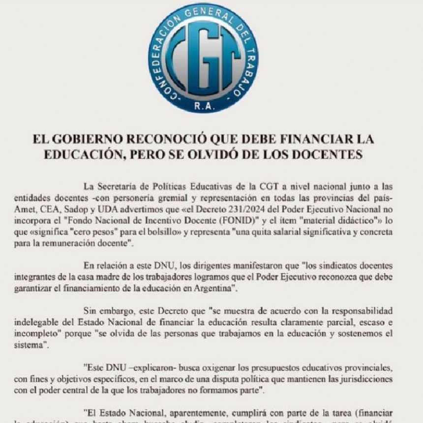 El Gobierno reconoció que debe financiar la Educación pero se olvidó de los Docentes