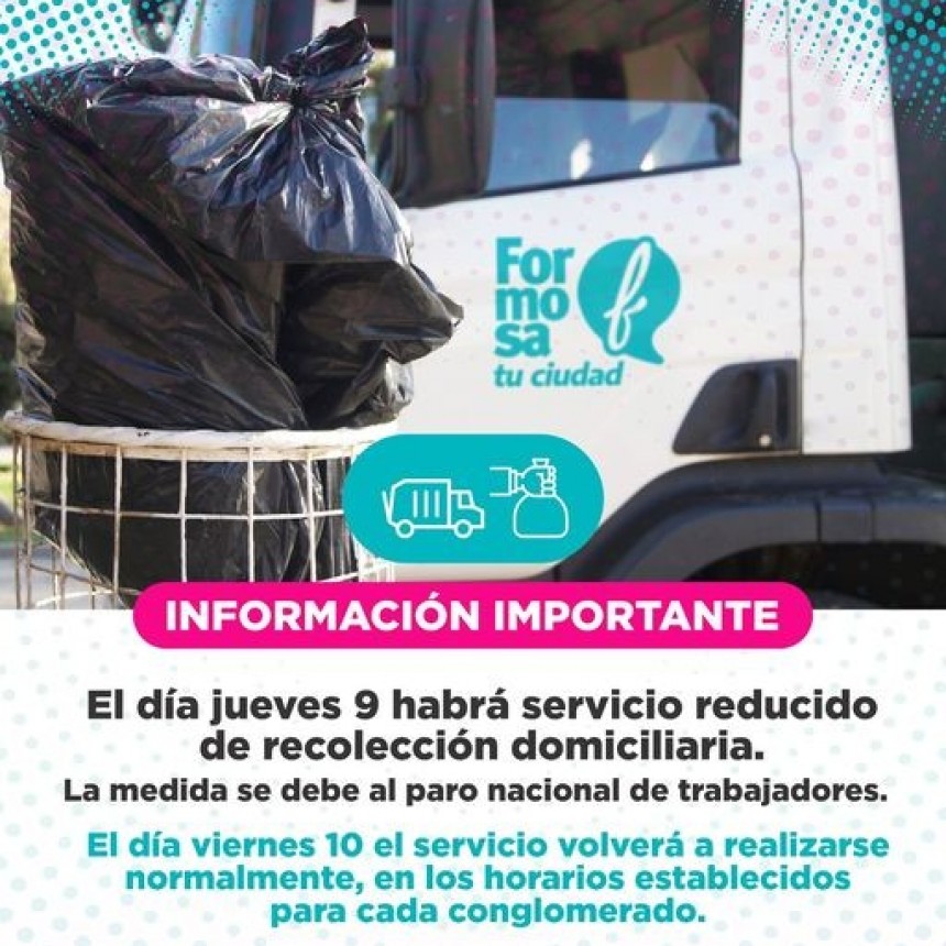 Servicio de recolección reducido debido al paro de mañana Jueves 09