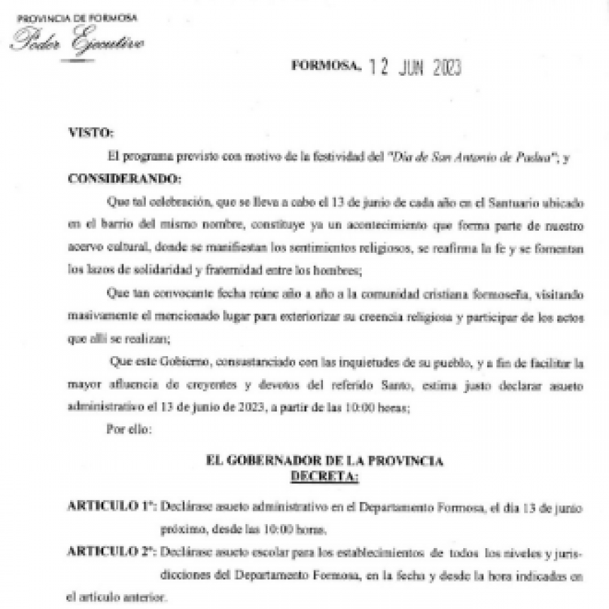 Este martes 13 de junio, Asueto Administrativo y Escolar en el Departamento Formosa