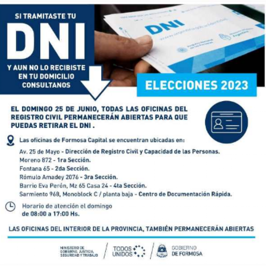 Las oficinas del Registro Civil de toda la provincia permanecerán abiertas el domingo 25