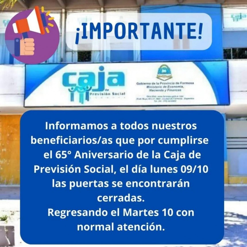 El lunes 9 no habrá atención en la Caja de Previsión Social