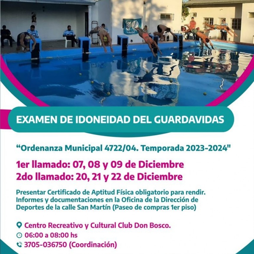 Llamados para el EXAMEN DE IDONEIDAD DE GUARDAVIDAS